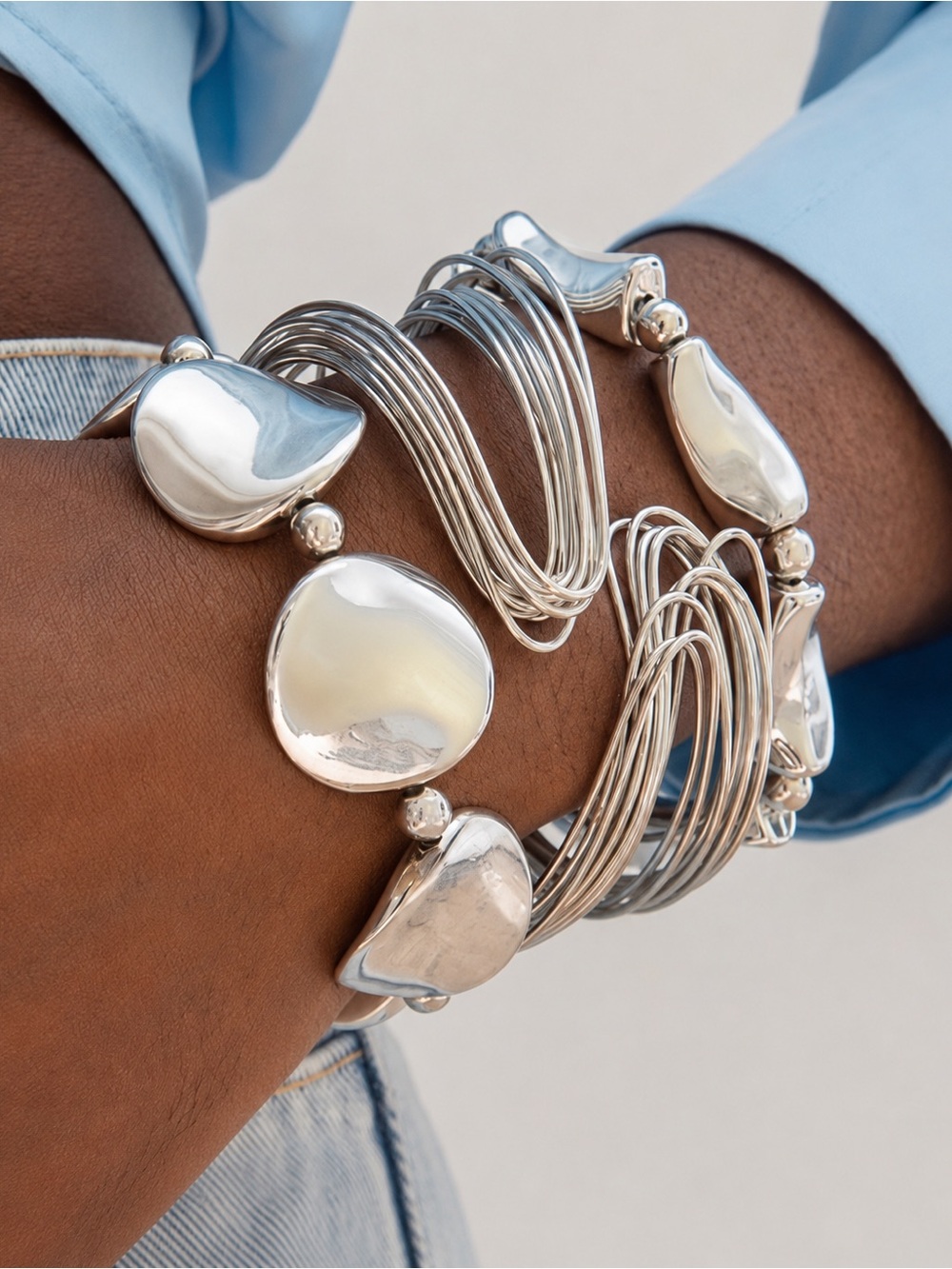 Zara Modern Silver Tone Multi-Row Organic Link Bracelets 3 Pcs Set NWOT
